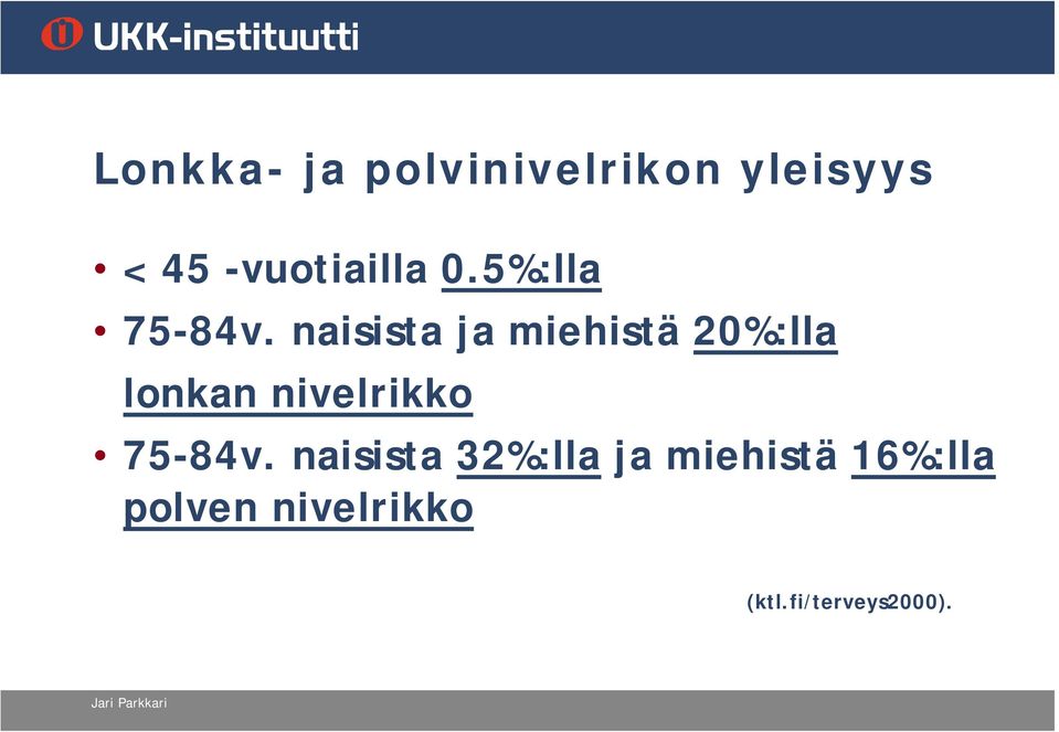 naisista ja miehistä 20%:lla lonkan nivelrikko 75-84v.