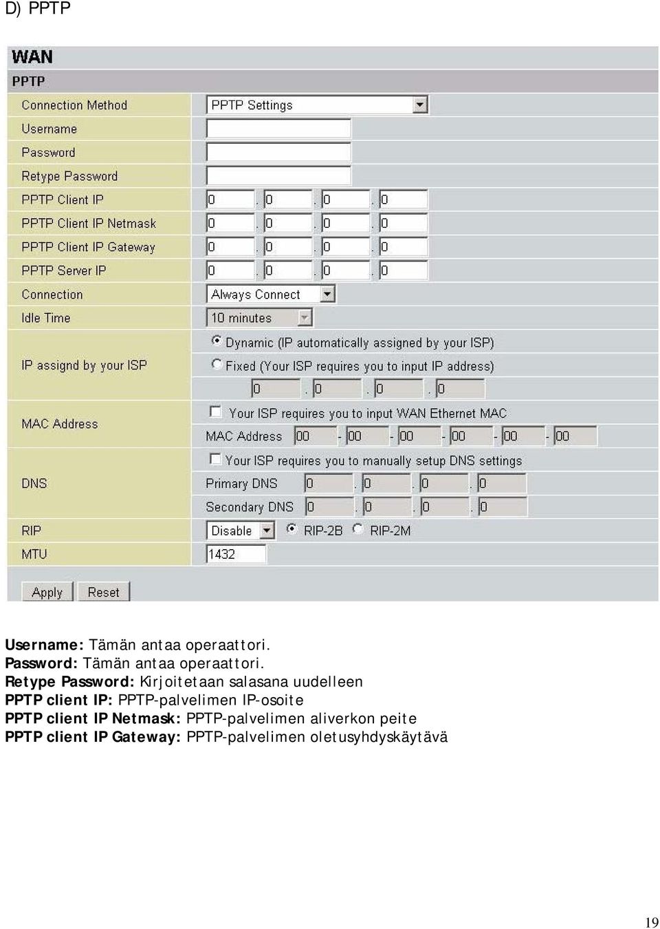 Retype Password: Kirjoitetaan salasana uudelleen PPTP client IP: