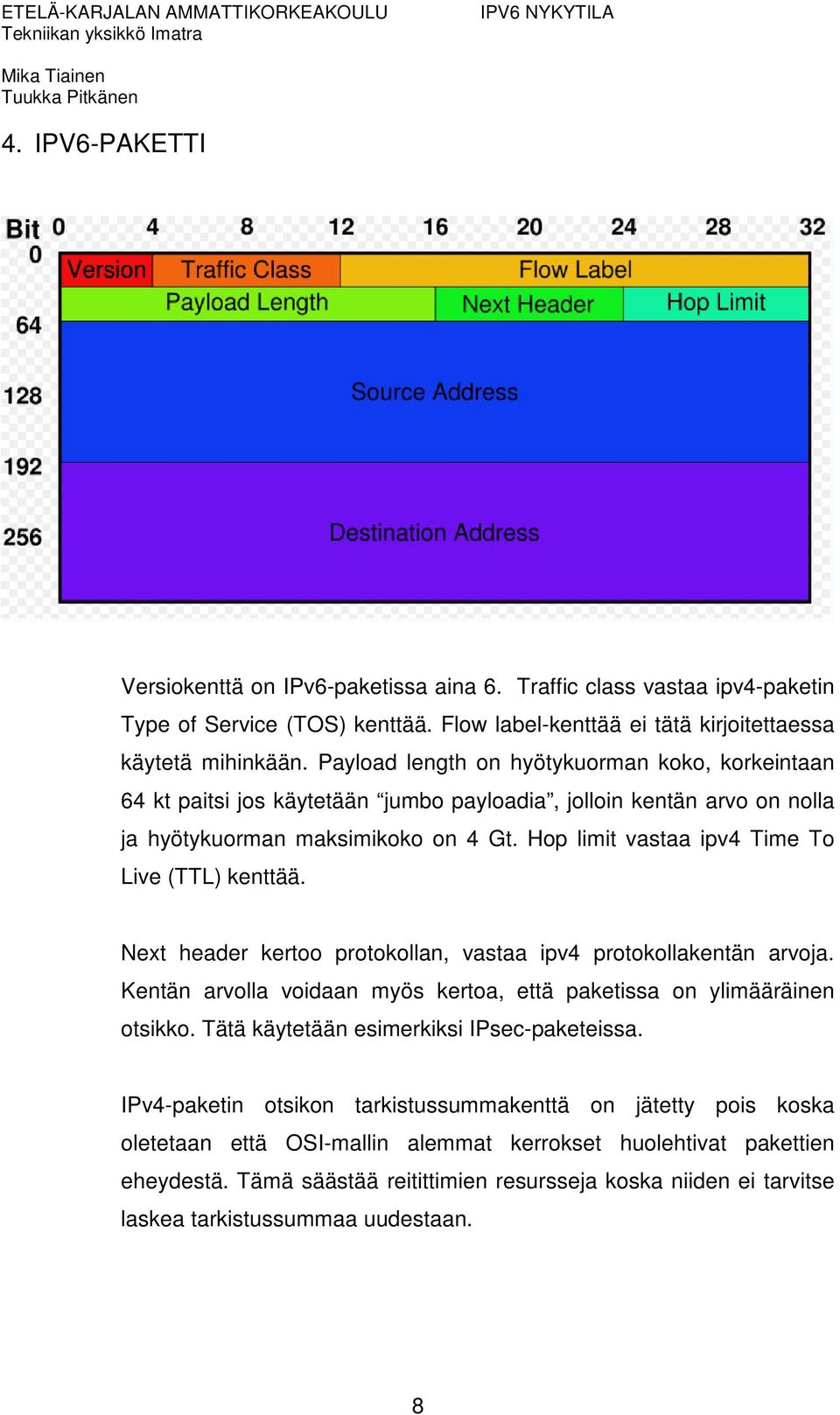 Hop limit vastaa ipv4 Time To Live (TTL) kenttää. Next header kertoo protokollan, vastaa ipv4 protokollakentän arvoja. Kentän arvolla voidaan myös kertoa, että paketissa on ylimääräinen otsikko.