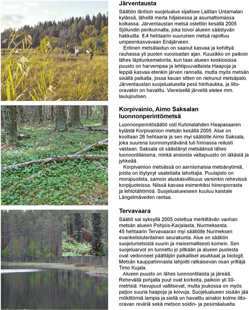 Entinen metsälaidun on saanut kasvaa ja kehittyä rauhassa yli puolen vuosisadan ajan. Kuusikko on paikoin lähes läpitunkematonta, kun taas alueen keskiosissa puusto on harvempaa ja lehtipuuvaltaista.