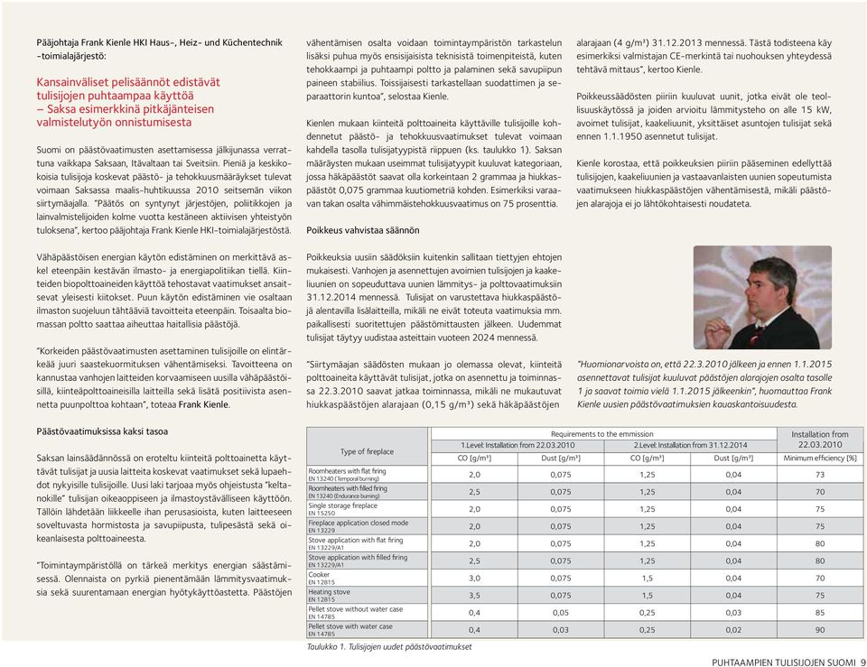 Pieniä ja keskikokoisia tulisijoja koskevat päästö- ja tehokkuusmääräykset tulevat voimaan Saksassa maalis-huhtikuussa 2010 seitsemän viikon siirtymäajalla.