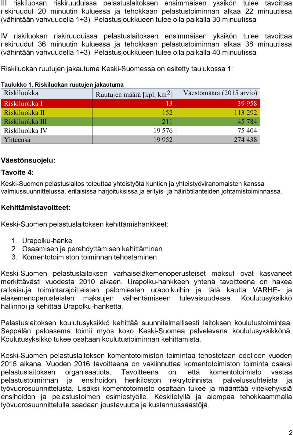 IV riskiluokan riskiruuduissa pelastuslaitoksen ensimmäisen yksikön tulee tavoittaa riskiruudut 36 minuutin kuluessa ja tehokkaan pelastustoiminnan alkaa 38 minuutissa (vähintään vahvuudella 1+3).