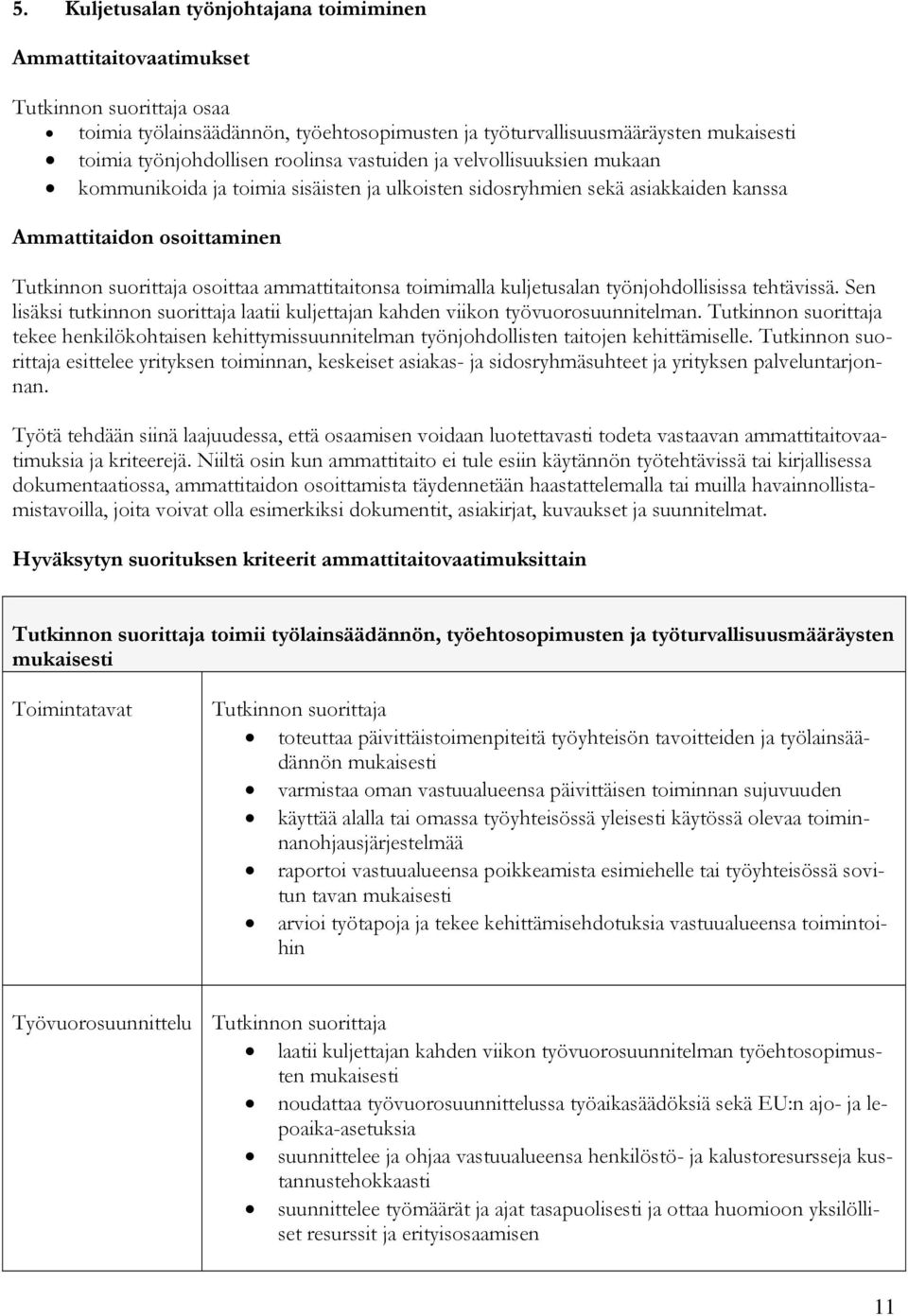 työnjohdollisissa tehtävissä. Sen lisäksi tutkinnon suorittaja laatii kuljettajan kahden viikon työvuorosuunnitelman.