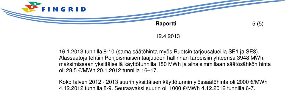 käyttötunnilla 180 MWh ja alhaisimmillaan säätösähkön hinta oli 28,5 /MWh 20.1.2012 tunnilla 16 17.
