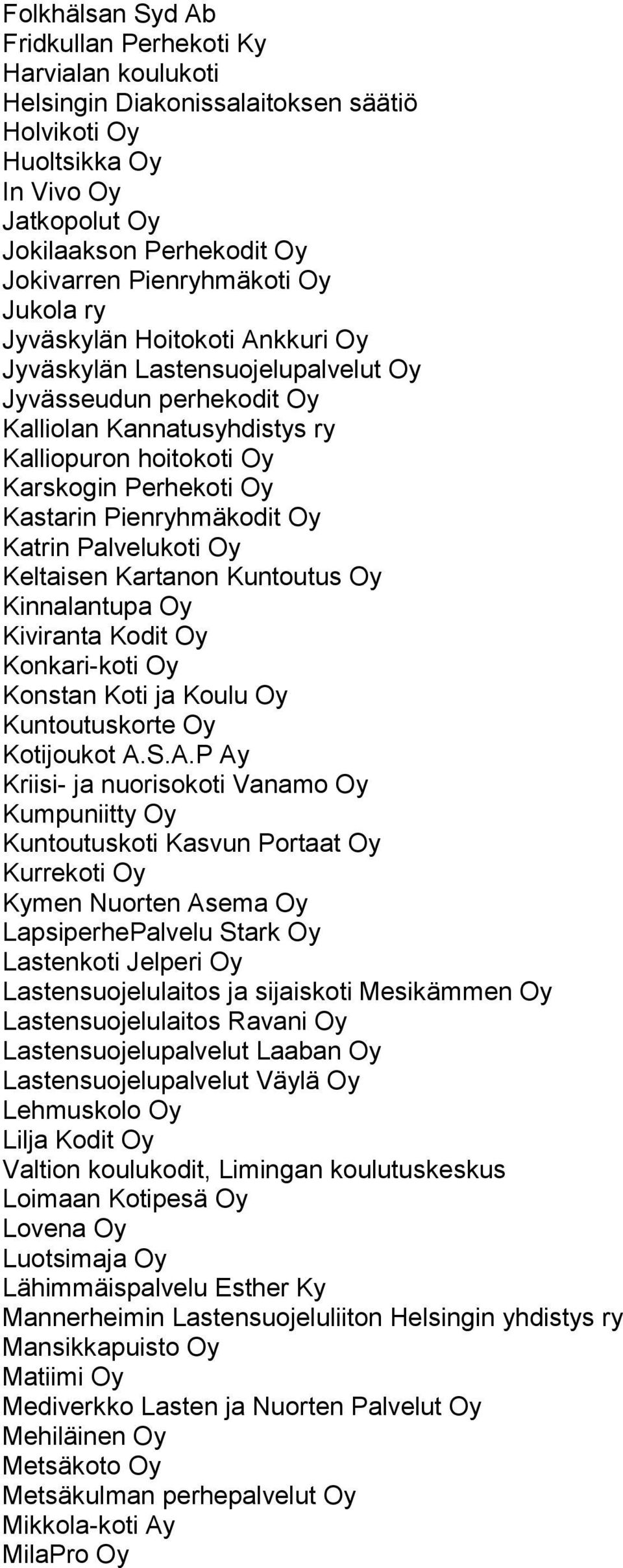 Kastarin Pienryhmäkodit Oy Katrin Palvelukoti Oy Keltaisen Kartanon Kuntoutus Oy Kinnalantupa Oy Kiviranta Kodit Oy Konkari-koti Oy Konstan Koti ja Koulu Oy Kuntoutuskorte Oy Kotijoukot A.