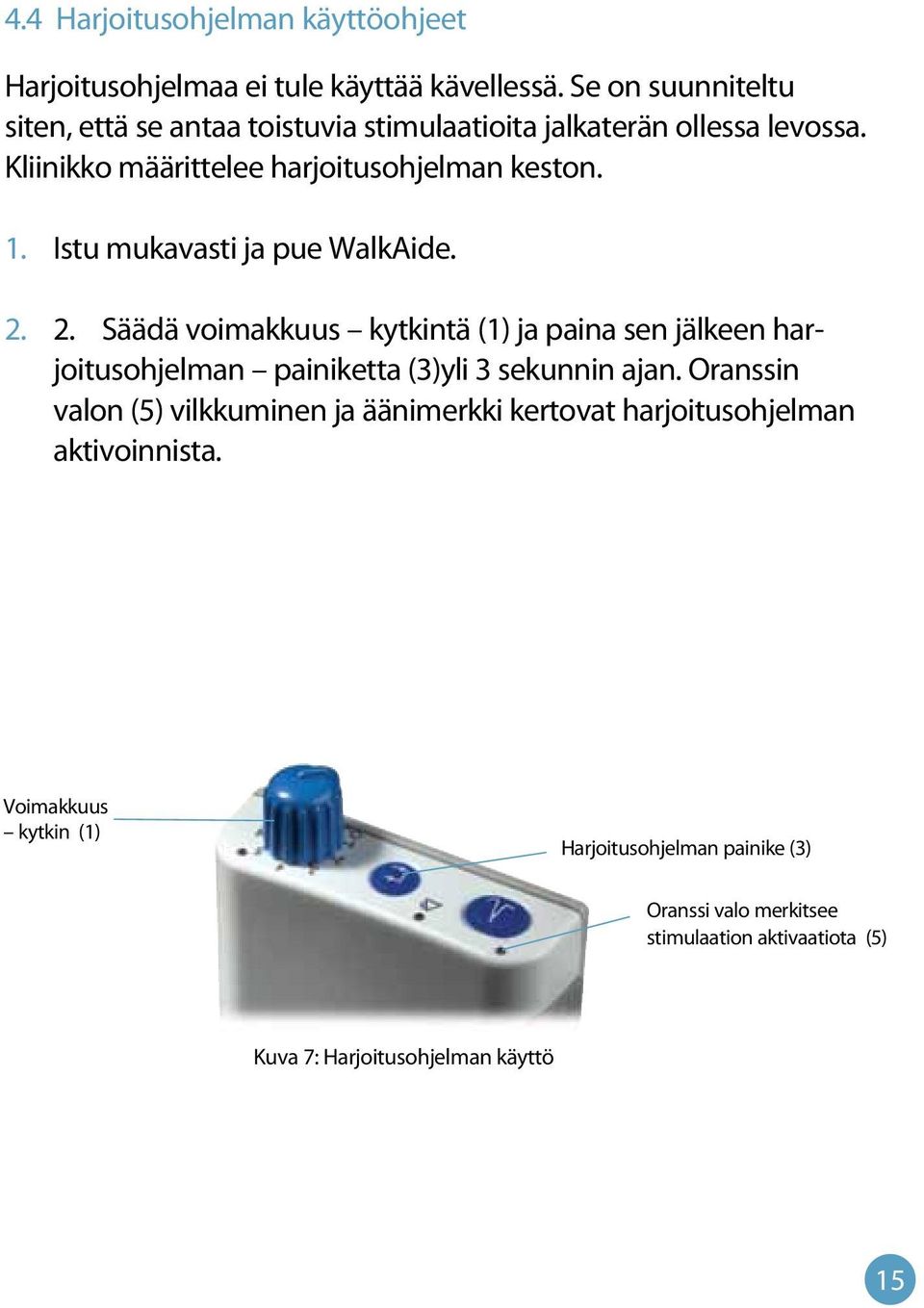 Istu mukavasti ja pue WalkAide. 2. 2. Säädä voimakkuus kytkintä (1) ja paina sen jälkeen harjoitusohjelman painiketta (3)yli 3 sekunnin ajan.