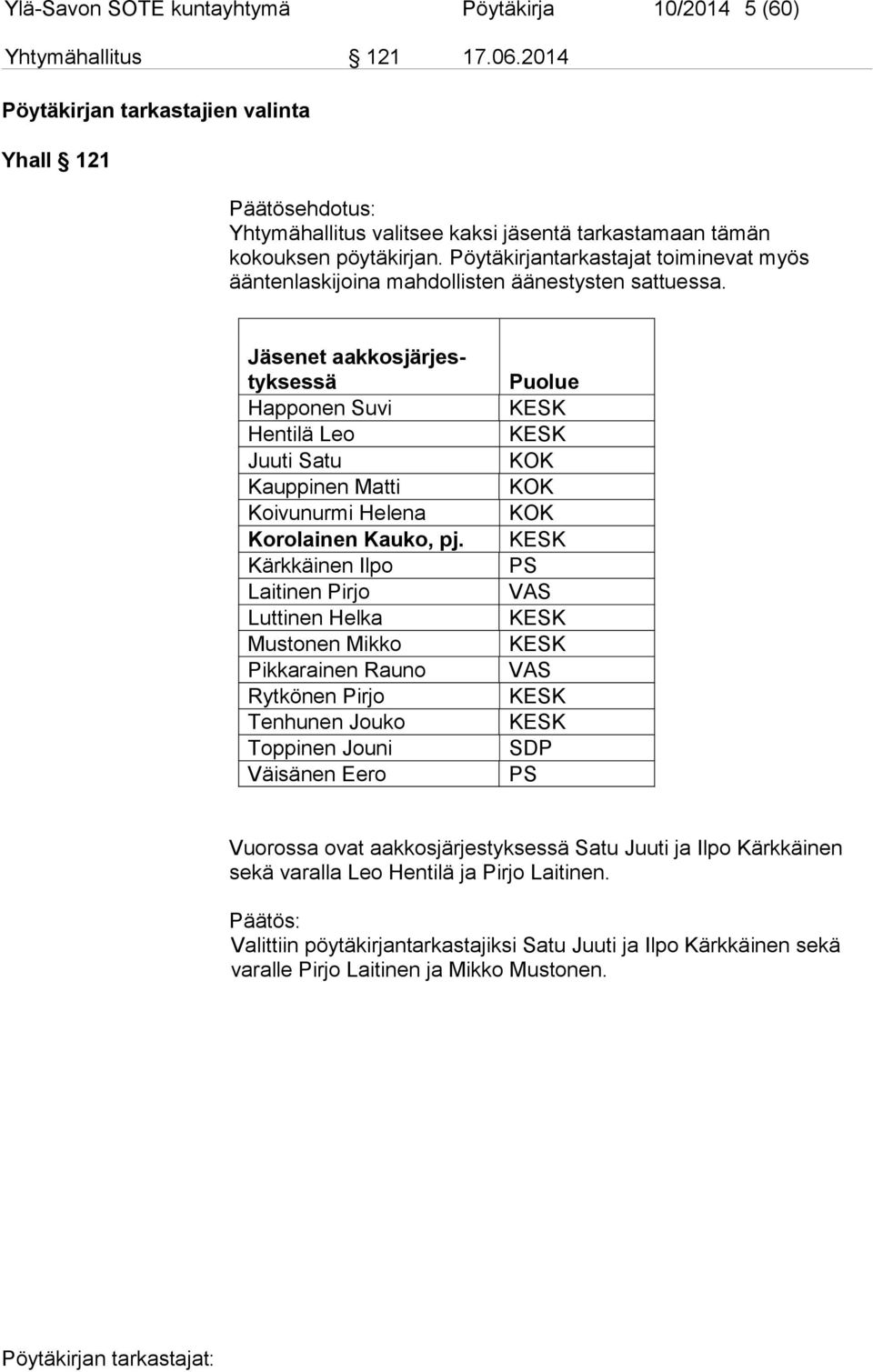 Pöytäkirjantarkastajat toiminevat myös ääntenlaskijoina mahdollisten äänestysten sattuessa.