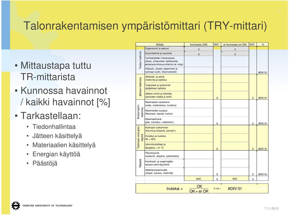 Päästöjä Tiedon hallinta Jätteen käsittely Materiaalin käsittely Työmaan energian käyttö Päästöt Suunnitelmat ja seuranta 0 0 Työntekijöiden ilmoitustaulu (alues, yhteystied, lajitteluohje,