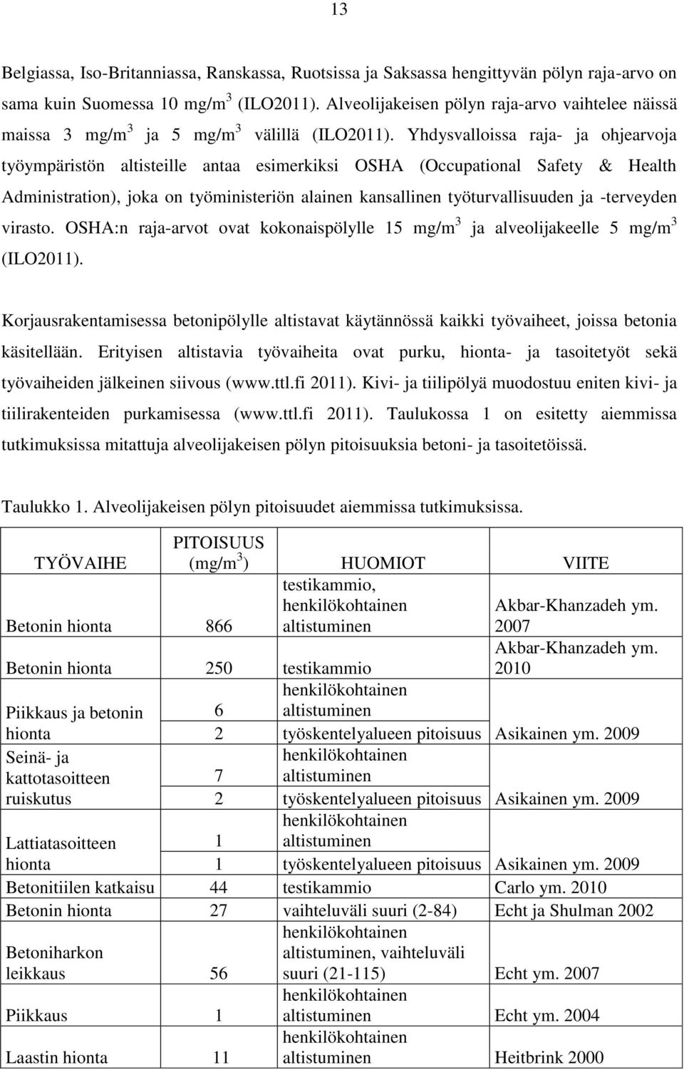 Yhdysvalloissa raja- ja ohjearvoja työympäristön altisteille antaa esimerkiksi OSHA (Occupational Safety & Health Administration), joka on työministeriön alainen kansallinen työturvallisuuden ja