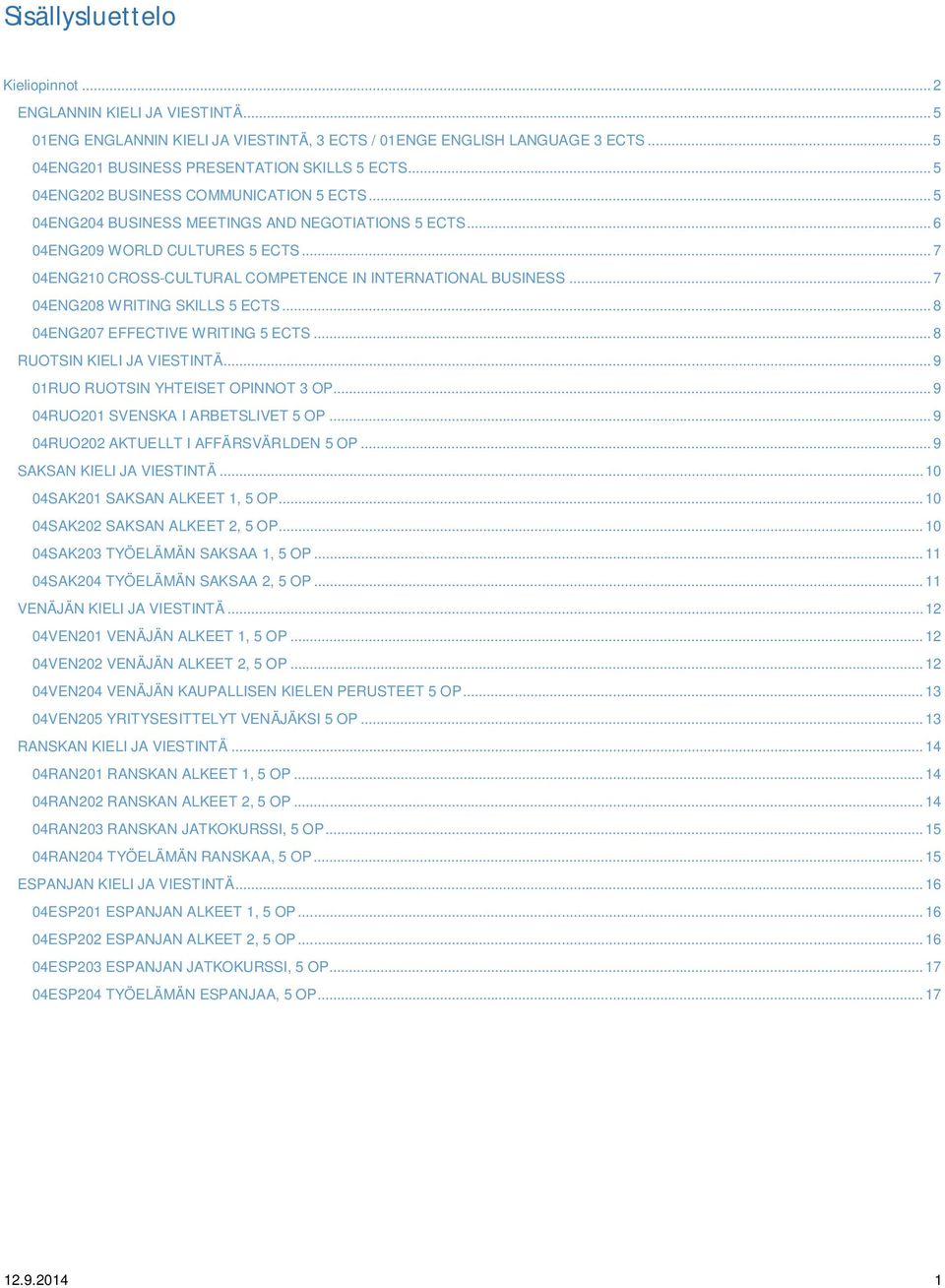 .. 7 04ENG208 WRITING SKILLS 5 ECTS... 8 04ENG207 EFFECTIVE WRITING 5 ECTS... 8 RUOTSIN KIELI JA VIESTINTÄ... 9 01RUO RUOTSIN YHTEISET OPINNOT 3 OP... 9 04RUO201 SVENSKA I ARBETSLIVET 5 OP.