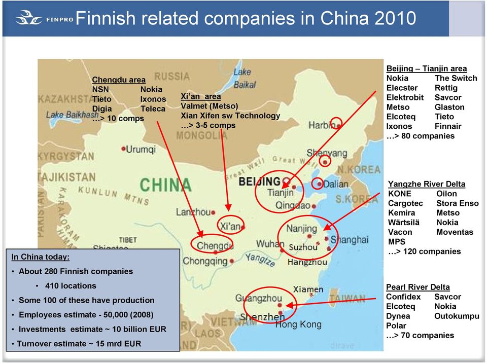 locations Some 100 of these have production Employees estimate 50,000 (2008) Investments estimate ~ 10 billion EUR Turnover estimate ~ 15 mrd EUR Hong Kong Yangzhe River