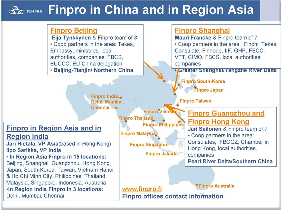 Australia, VTT, CIMO, New FBCS, Zealand local authorities, Main industries EUCCC, EU China SEA delegation Energy & Environment, companies ICT, Life Sciences Beijing Tianjin/ Northern China Finpro