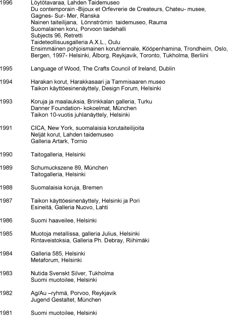 , Oulu Ensimmäinen pohjoismainen korutriennale, Kööpenhamina, Trondheim, Oslo, Bergen, 1997- Helsinki, Ålborg, Reykjavik, Toronto, Tukholma, Berliini 1995 Language of Wood, The Crafts Council of