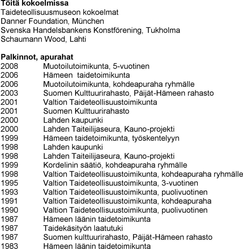 Kulttuurirahasto 2000 Lahden kaupunki 2000 Lahden Taiteilijaseura, Kauno-projekti 1999 Hämeen taidetoimikunta, työskentelyyn 1998 Lahden kaupunki 1998 Lahden Taiteilijaseura, Kauno-projekti 1999