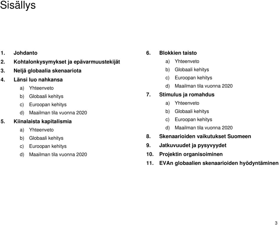 Kiinalaista kapitalismia a) Yhteenveto b) Globaali kehitys c) Euroopan kehitys d) Maailman tila vuonna 2020 6.