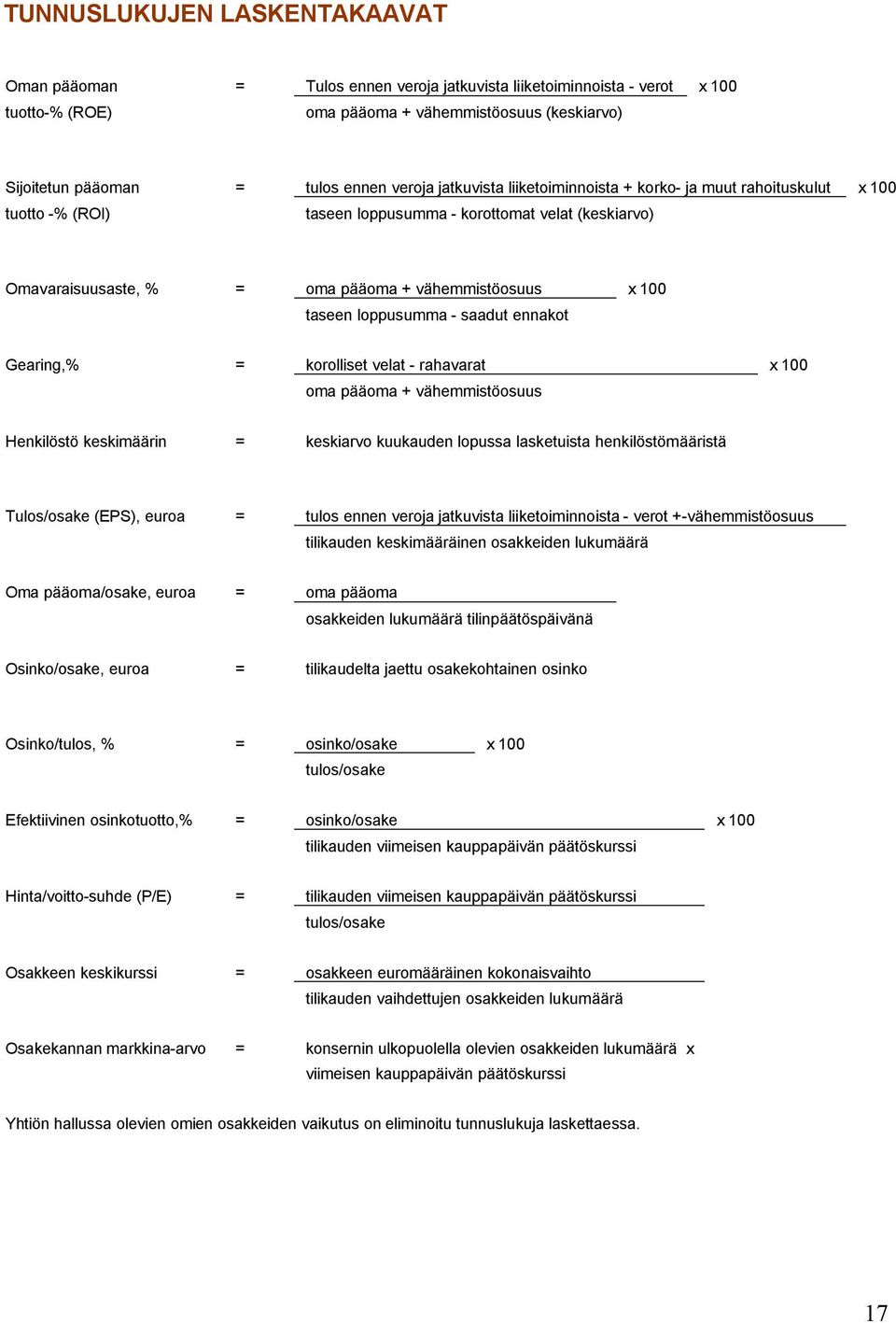 taseen loppusumma - saadut ennakot Gearing,% = korolliset velat - rahavarat x 100 oma pääoma + vähemmistöosuus Henkilöstö keskimäärin = keskiarvo kuukauden lopussa lasketuista henkilöstömääristä