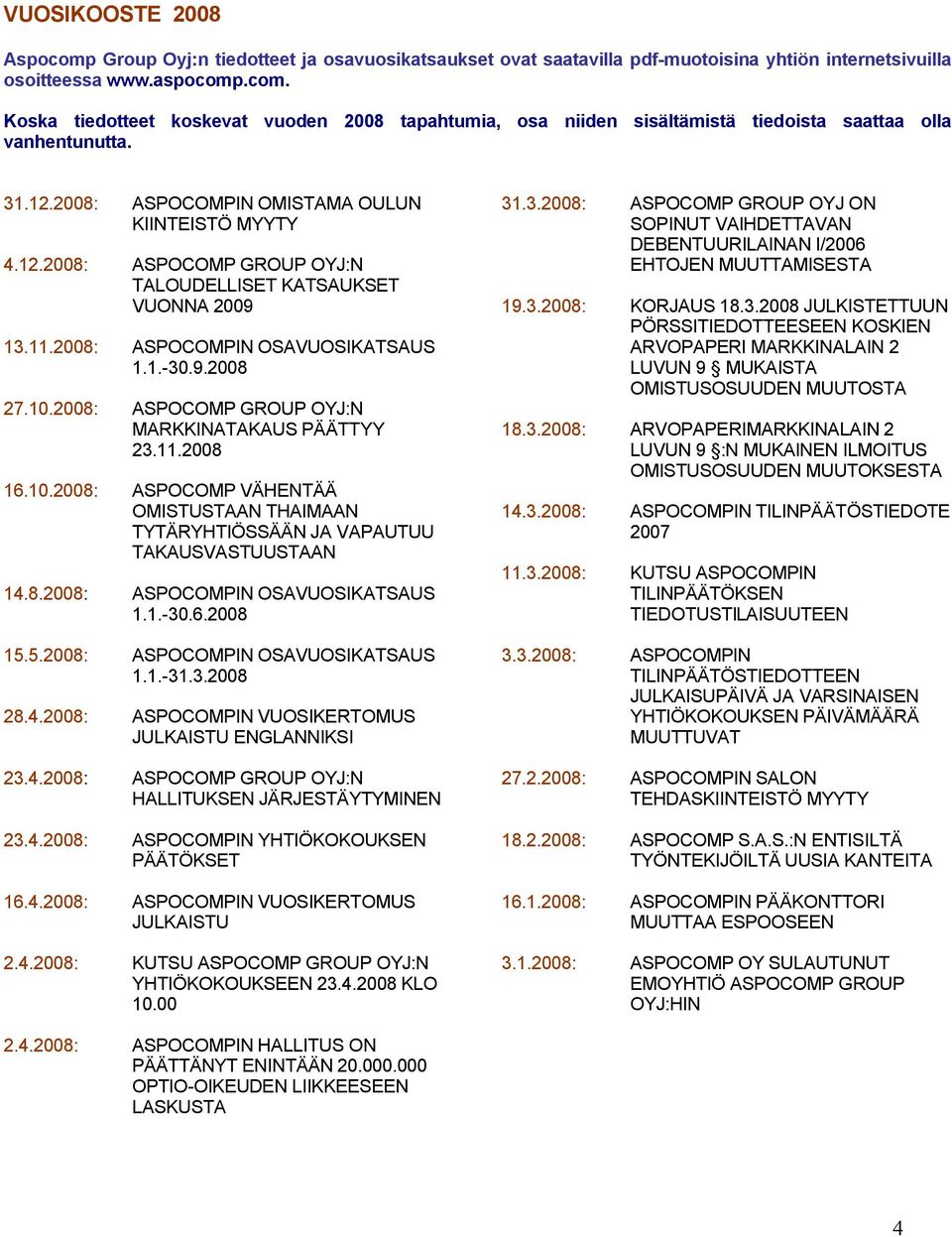 2008: ASPOCOMP GROUP OYJ:N MARKKINATAKAUS PÄÄTTYY 23.11.2008 16.10.2008: ASPOCOMP VÄHENTÄÄ OMISTUSTAAN THAIMAAN TYTÄRYHTIÖSSÄÄN JA VAPAUTUU TAKAUSVASTUUSTAAN 14.8.2008: ASPOCOMPIN OSAVUOSIKATSAUS 1.1.-30.