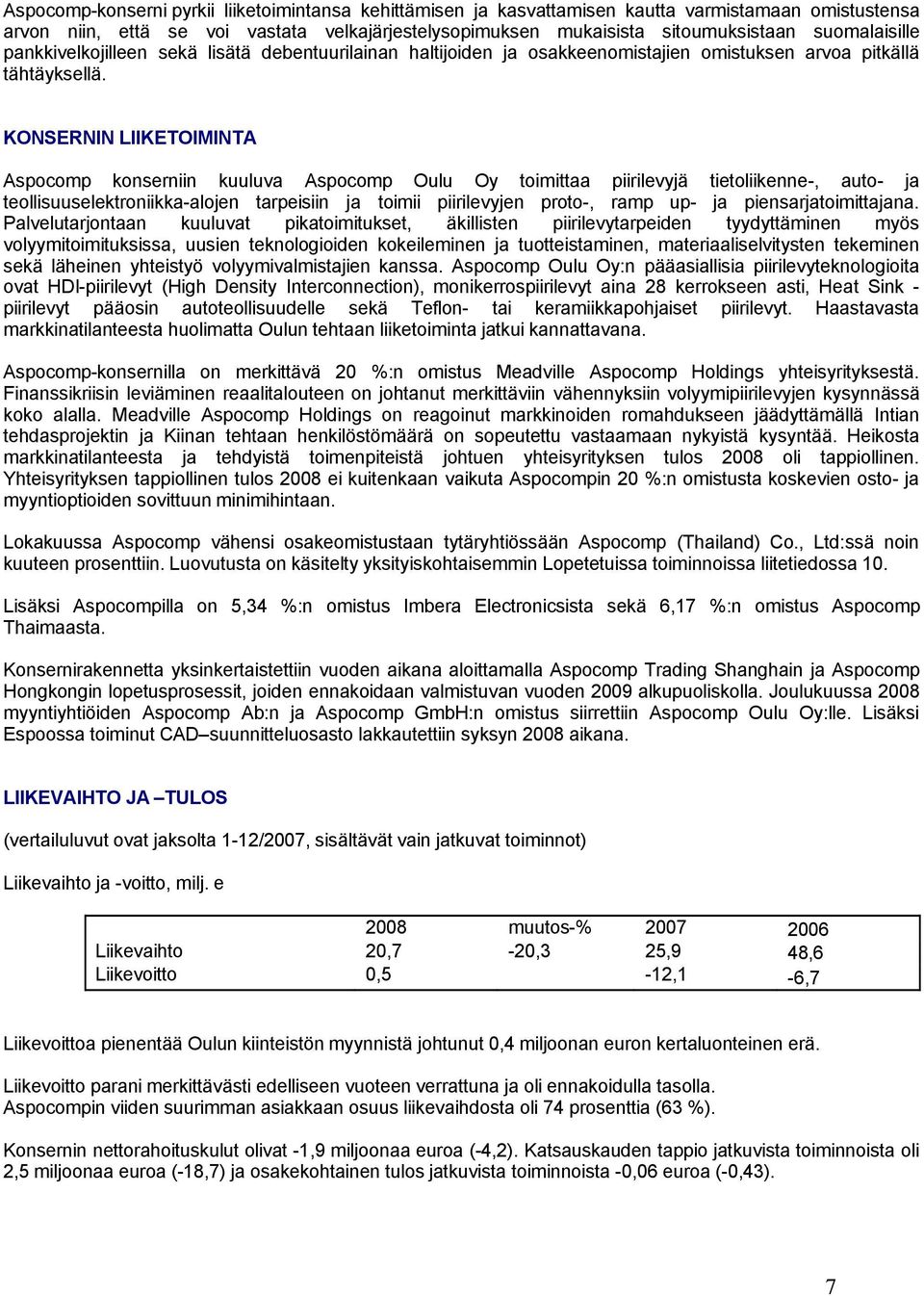 KONSERNIN LIIKETOIMINTA Aspocomp konserniin kuuluva Aspocomp Oulu Oy toimittaa piirilevyjä tietoliikenne-, auto- ja teollisuuselektroniikka-alojen tarpeisiin ja toimii piirilevyjen proto-, ramp up-