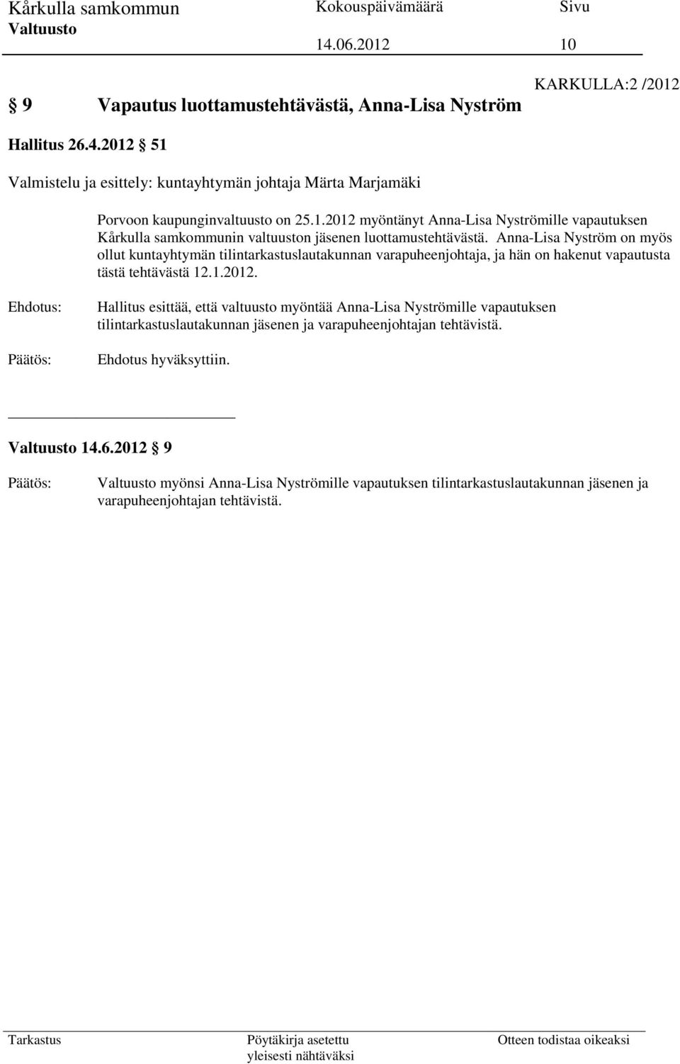 Anna-Lisa Nyström on myös ollut kuntayhtymän tilintarkastuslautakunnan varapuheenjohtaja, ja hän on hakenut vapautusta tästä tehtävästä 12.1.2012.