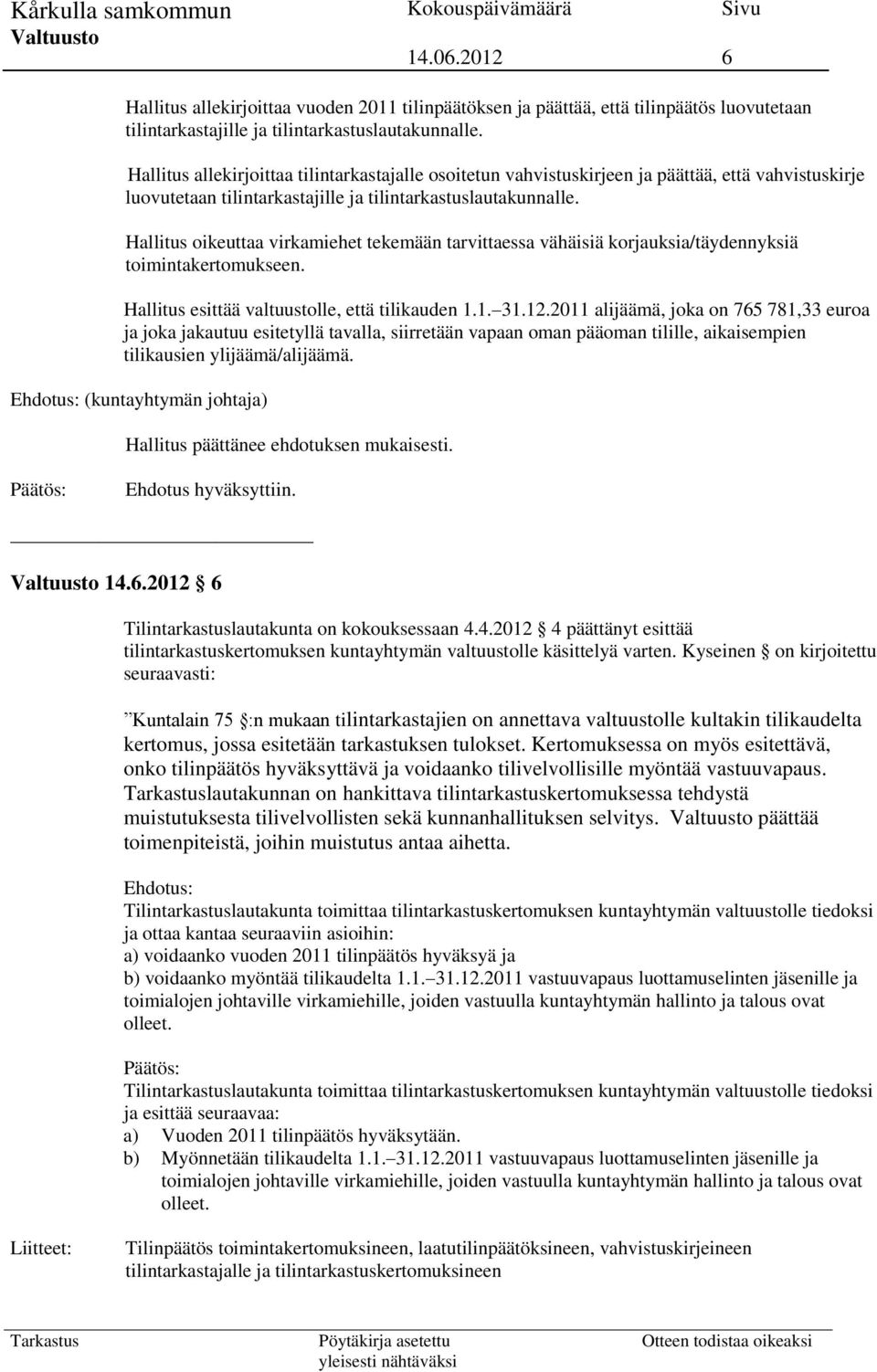 Hallitus oikeuttaa virkamiehet tekemään tarvittaessa vähäisiä korjauksia/täydennyksiä toimintakertomukseen. Hallitus esittää valtuustolle, että tilikauden 1.1. 31.12.