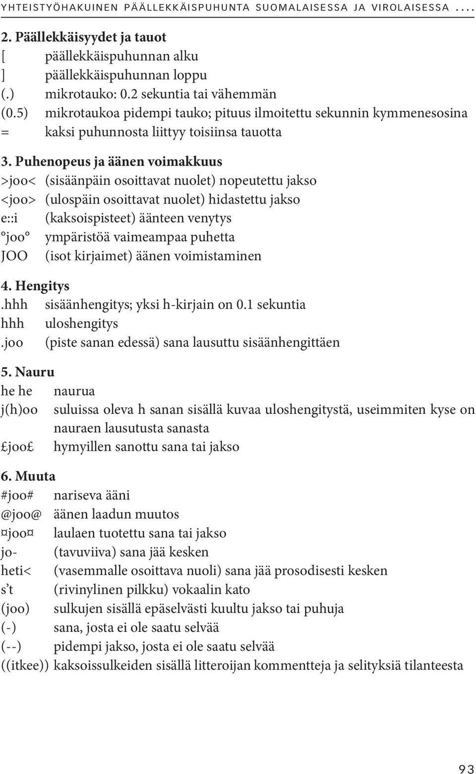 Puhenopeus ja äänen voimakkuus >joo< (sisäänpäin osoittavat nuolet) nopeutettu jakso <joo> (ulospäin osoittavat nuolet) hidastettu jakso e::i (kaksoispisteet) äänteen venytys joo ympäristöä