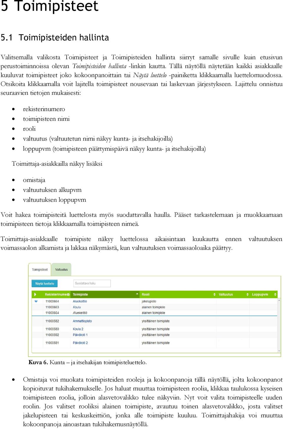 Tällä näytöllä näytetään kaikki asiakkaalle kuuluvat toimipisteet joko kokoonpanoittain tai Näytä luettelo -painiketta klikkaamalla luettelomuodossa.