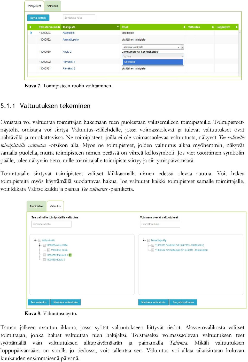 Ne toimipisteet, joilla ei ole voimassaolevaa valtuutusta, näkyvät Tee valituille toimipisteille valtuutus -otsikon alla.