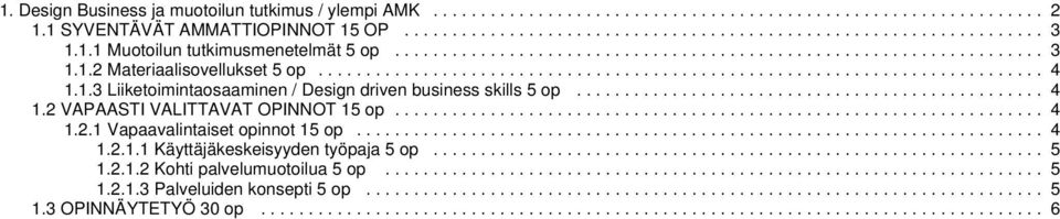 1.3 Liiketoimintaosaaminen / Design driven business skills 5 op................................................. 4 1.2 VAPAASTI VALITTAVAT OPINNOT 15 op.................................................................... 4 1.2.1 Vapaavalintaiset opinnot 15 op.