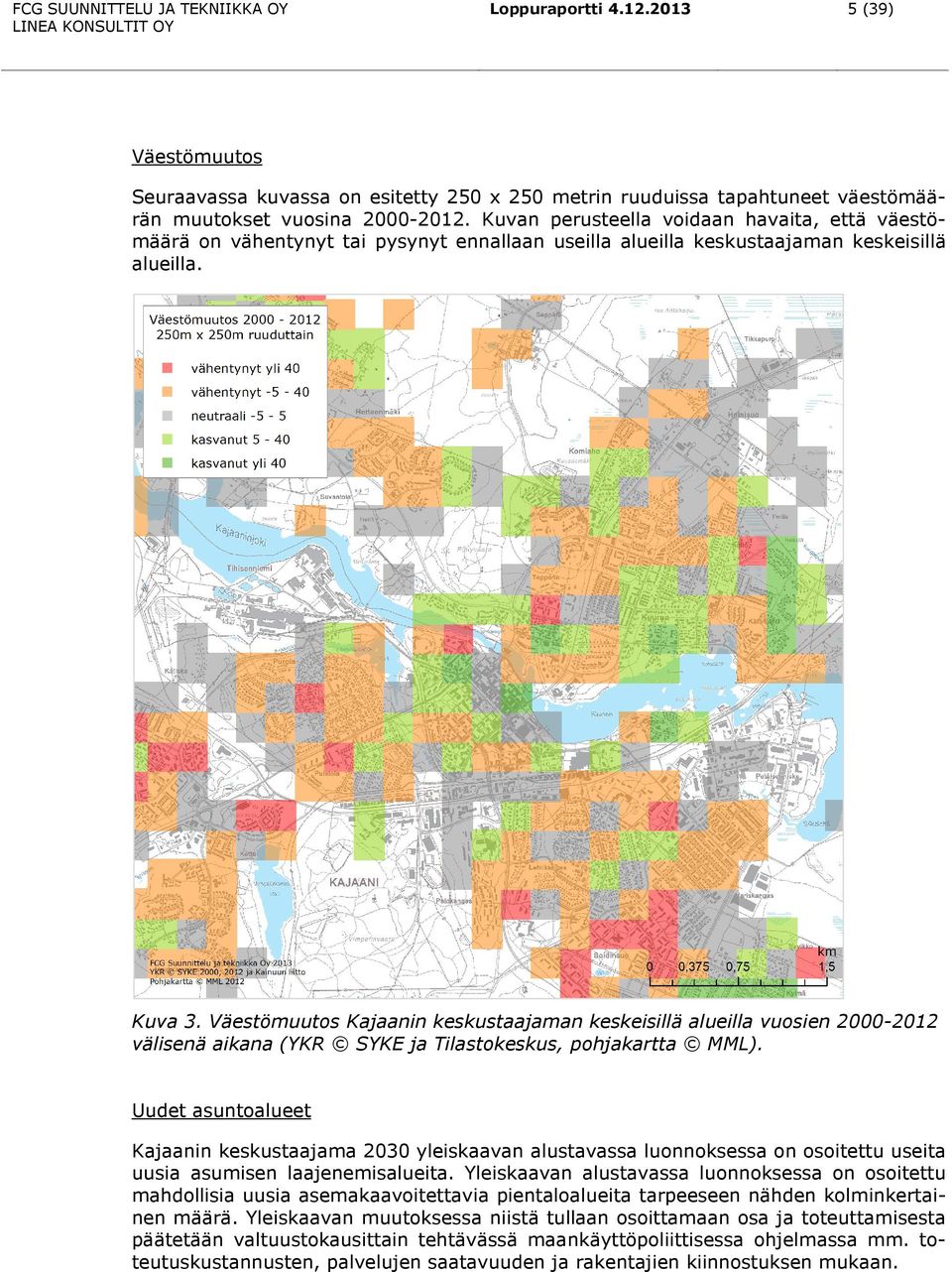 Väestömuutos Kajaanin keskustaajaman keskeisillä alueilla vuosien 2000-2012 välisenä aikana (YKR SYKE ja Tilastokeskus, pohjakartta MML).