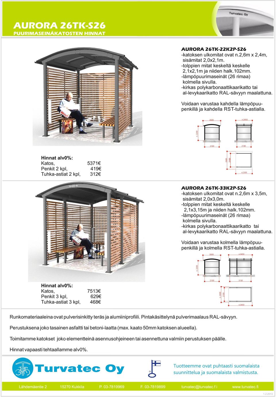 2,6m x 2,4m, sisämitat 2,0x2,1m.