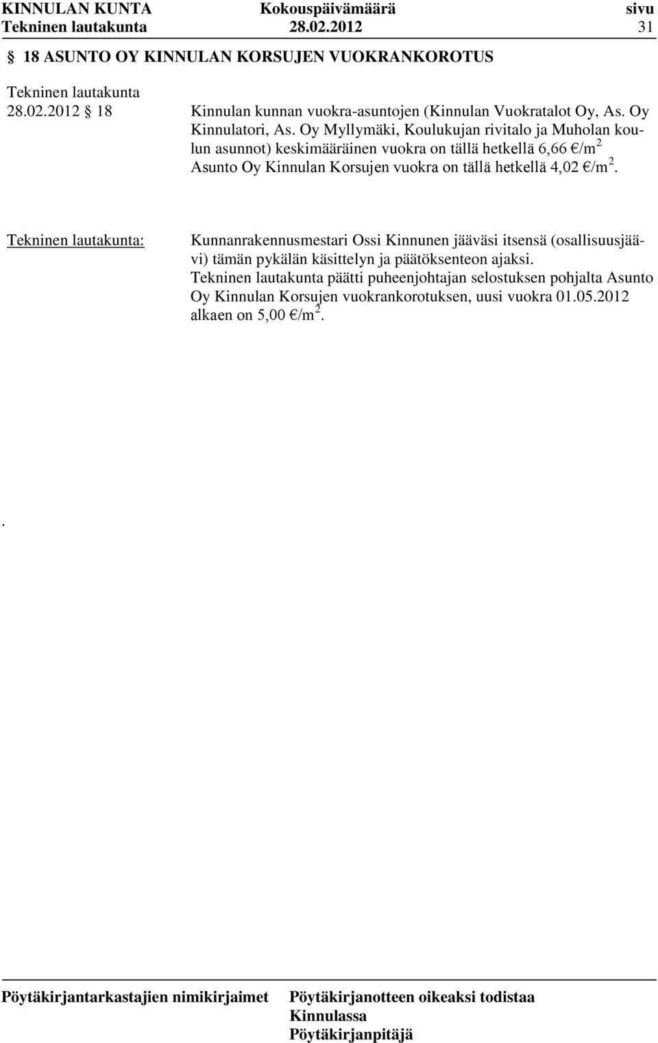 Oy Myllymäki, Koulukujan rivitalo ja Muholan koulun asunnot) keskimääräinen vuokra on tällä hetkellä 6,66 /m 2 Asunto Oy Kinnulan Korsujen vuokra