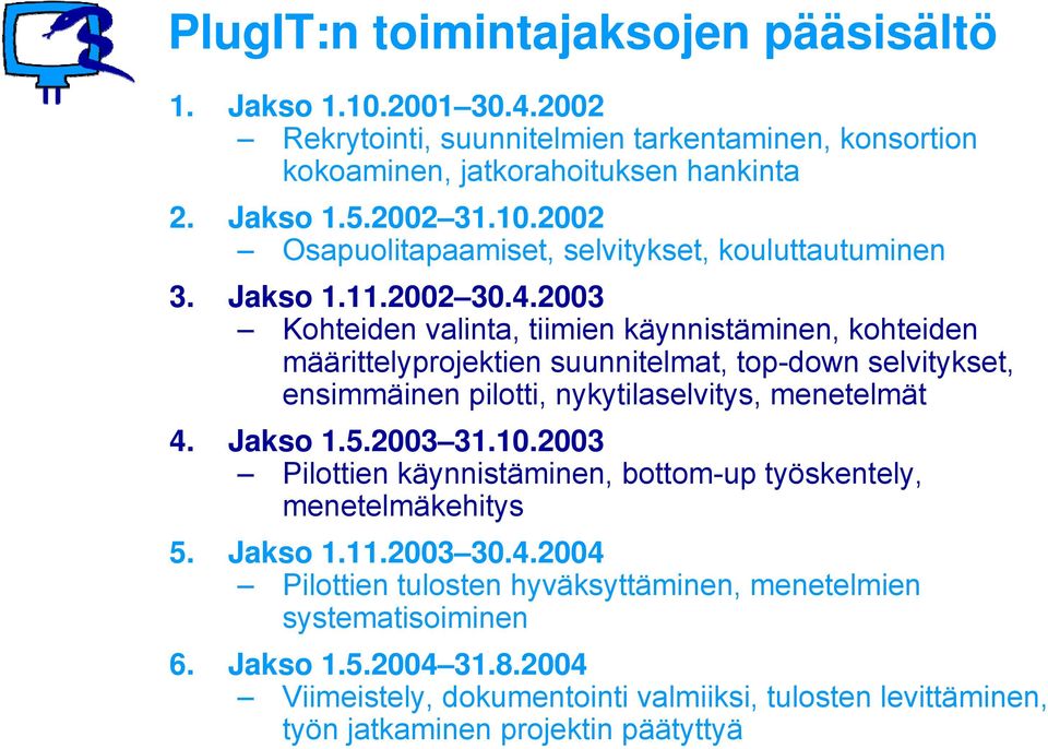 2003 Kohteiden valinta, tiimien käynnistäminen, kohteiden määrittelyprojektien suunnitelmat, top-down selvitykset, ensimmäinen pilotti, nykytilaselvitys, menetelmät 4. Jakso 1.5.