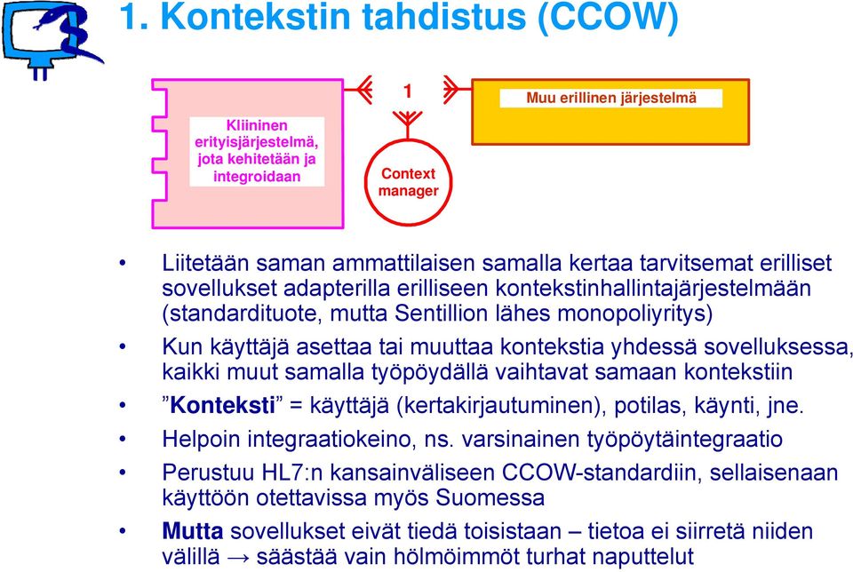 sovelluksessa, kaikki muut samalla työpöydällä vaihtavat samaan kontekstiin Konteksti = käyttäjä (kertakirjautuminen), potilas, käynti, jne. Helpoin integraatiokeino, ns.