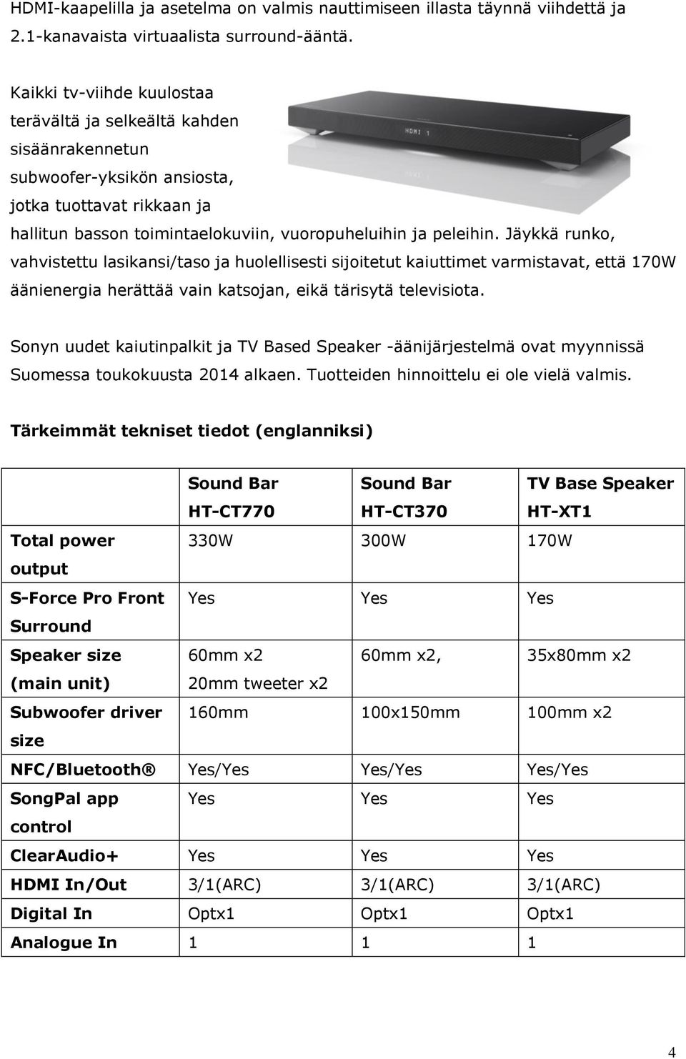 Jäykkä runko, vahvistettu lasikansi/taso ja huolellisesti sijoitetut kaiuttimet varmistavat, että 170W äänienergia herättää vain katsojan, eikä tärisytä televisiota.