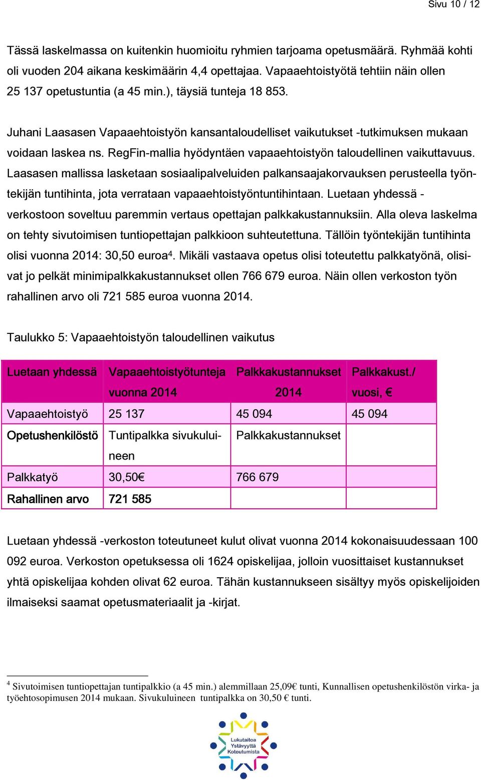 RegFin-mallia hyödyntäen vapaaehtoistyön taloudellinen vaikuttavuus.