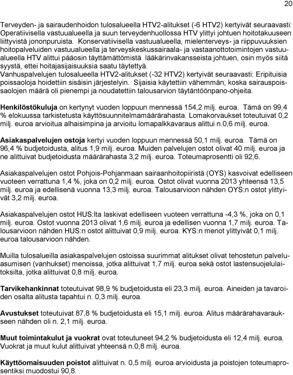 Konservatiivisella vastuualueella, mielenterveys- ja riippuvuuksien hoitopalveluiden vastuualueella ja terveyskeskussairaala- ja vastaanottotoimintojen vastuualueella HTV alittui pääosin