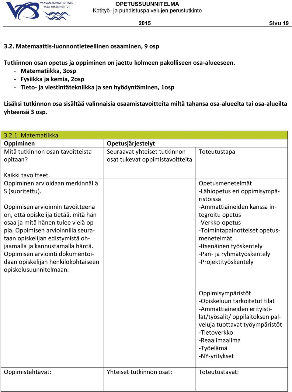 osa-alueilta yhteensä 3 osp. 3.2.1. Matematiikka opitaan? Kaikki tavoitteet.