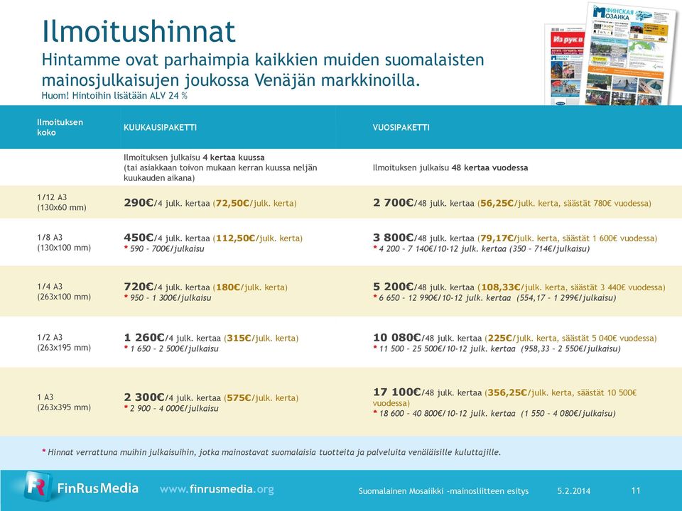 48 kertaa vuodessa 1/12 A3 (130x60 mm) 290 /4 julk. kertaa (72,50 /julk. kerta) 2 700 /48 julk. kertaa (56,25 /julk. kerta, säästät 780 vuodessa) 1/8 A3 (130x100 mm) 450 /4 julk. kertaa (112,50 /julk.