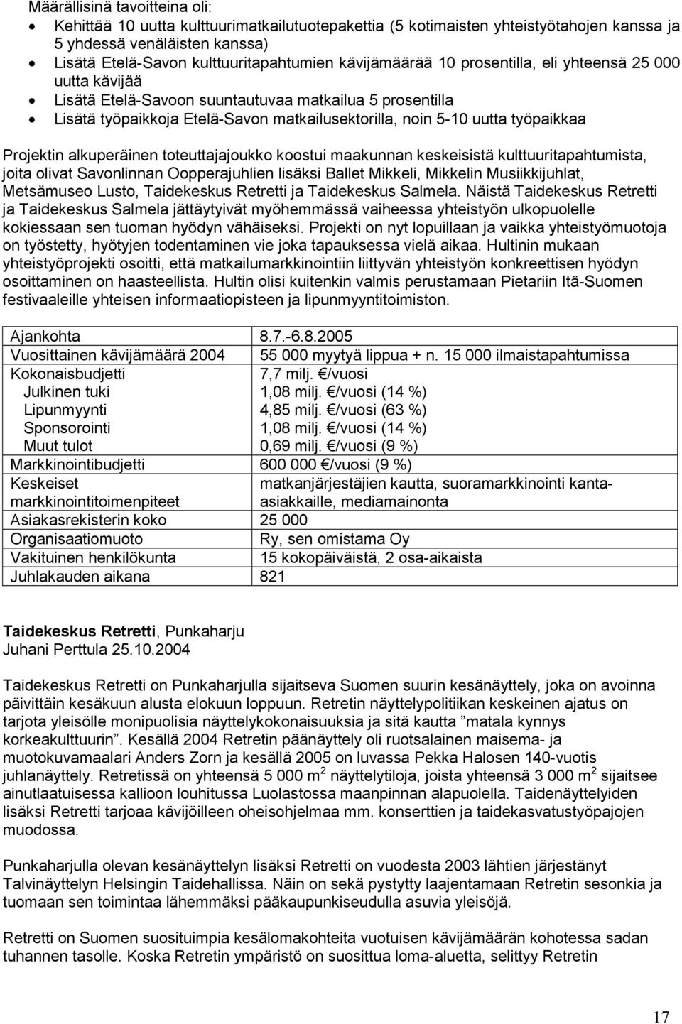 Projektin alkuperäinen toteuttajajoukko koostui maakunnan keskeisistä kulttuuritapahtumista, joita olivat Savonlinnan Oopperajuhlien lisäksi Ballet Mikkeli, Mikkelin Musiikkijuhlat, Metsämuseo Lusto,