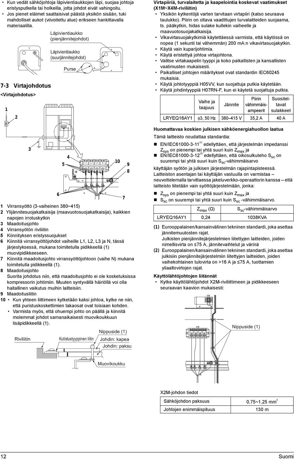 Läpivientiaukko (pienjännitejohdot) Läpivientiaukko (suurjännitejohdot) Purse 7-3 Virtajohdotus <Virtajohdotus> Virtapiiriä, turvalaitetta ja kaapelointia koskevat vaatimukset (X1M~X4M-riviliitin)
