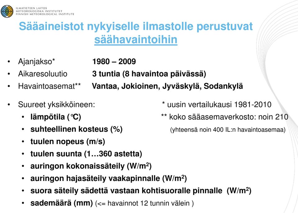 suhteellinen kosteus (%) (yhteensä noin 400 IL:n havaintoasemaa) tuulen nopeus (m/s) tuulen suunta (1 360 astetta) auringon kokonaissäteily (W/m 2 )