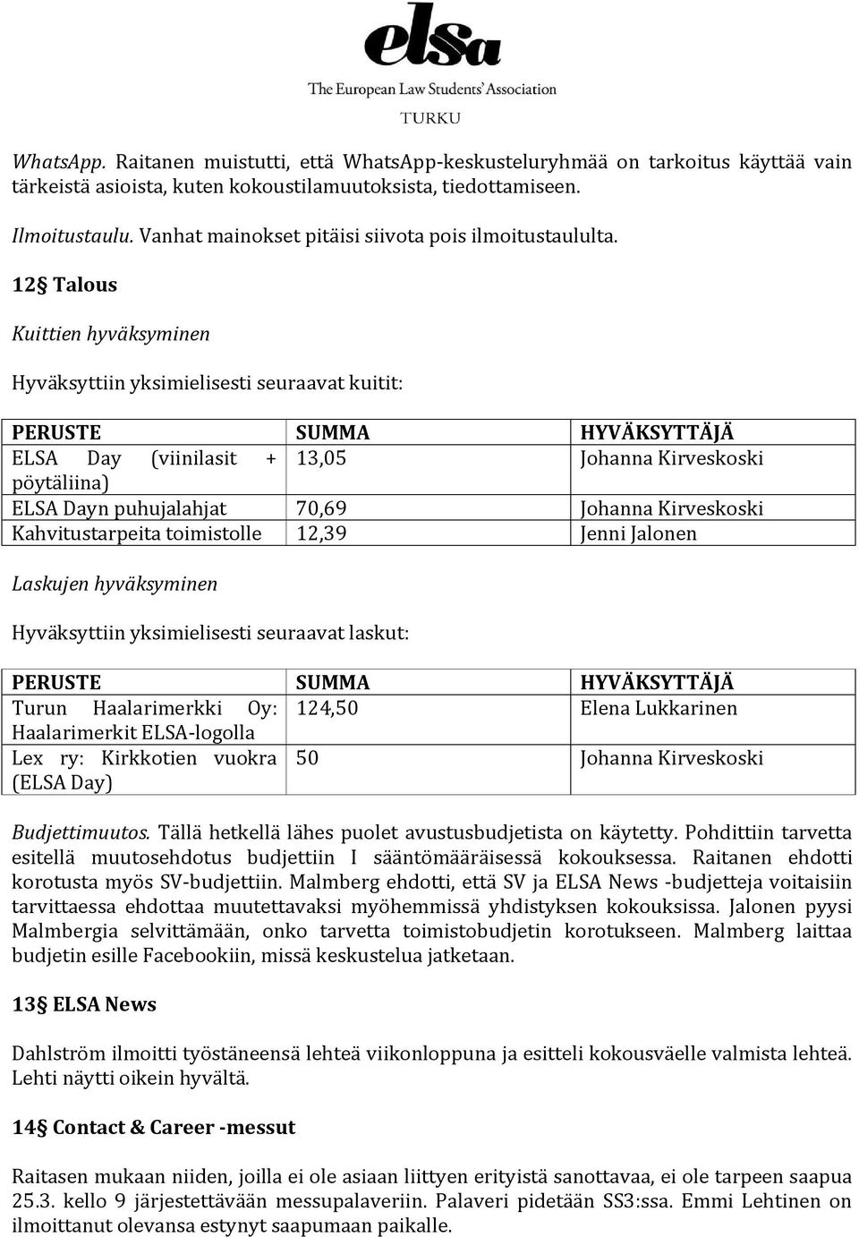 12 Talous Kuittien hyväksyminen Hyväksyttiin yksimielisesti seuraavat kuitit: PERUSTE SUMMA HYVÄKSYTTÄJÄ ELSA Day (viinilasit + 13,05 Johanna Kirveskoski pöytäliina) ELSA Dayn puhujalahjat 70,69