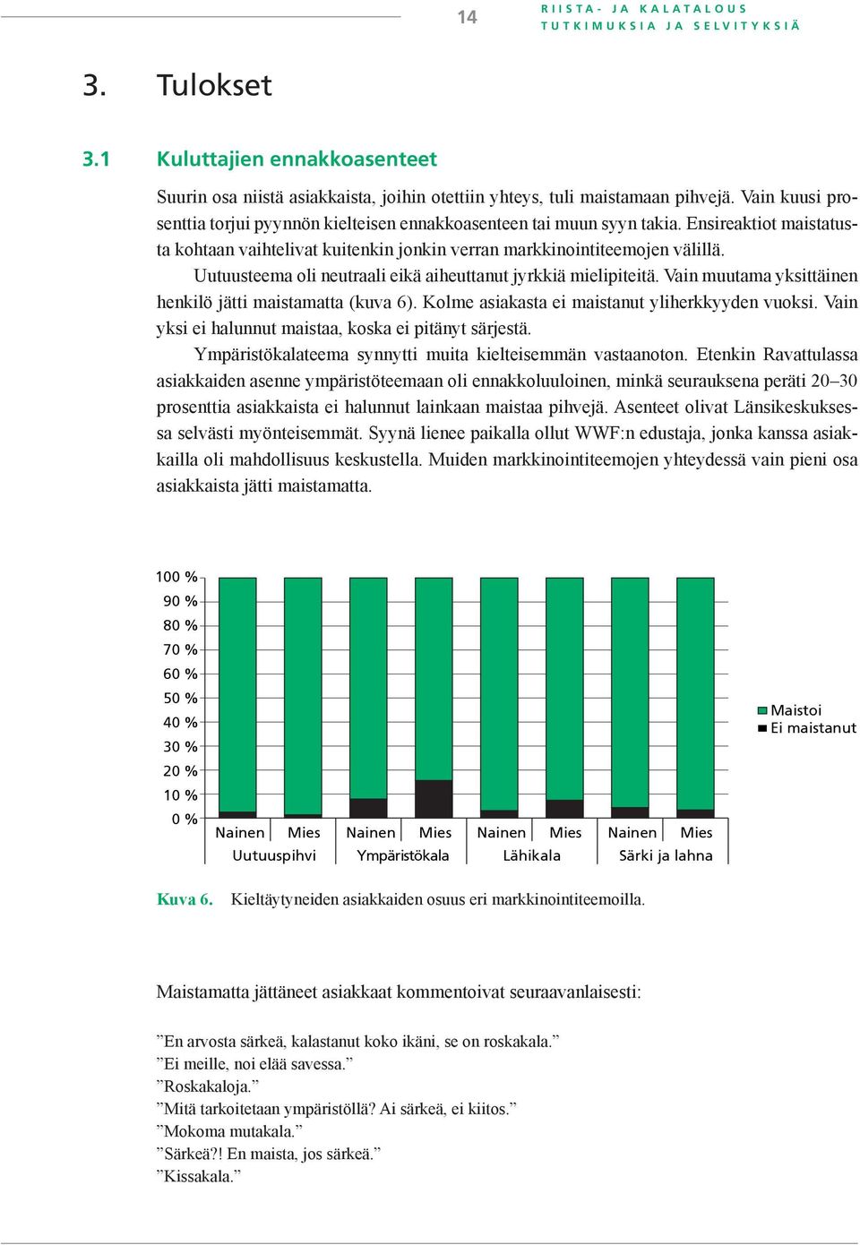 Uutuusteema oli neutraali eikä aiheuttanut jyrkkiä mielipiteitä. Vain muutama yksittäinen henkilö jätti maistamatta (kuva 6). Kolme asiakasta ei maistanut yliherkkyyden vuoksi.