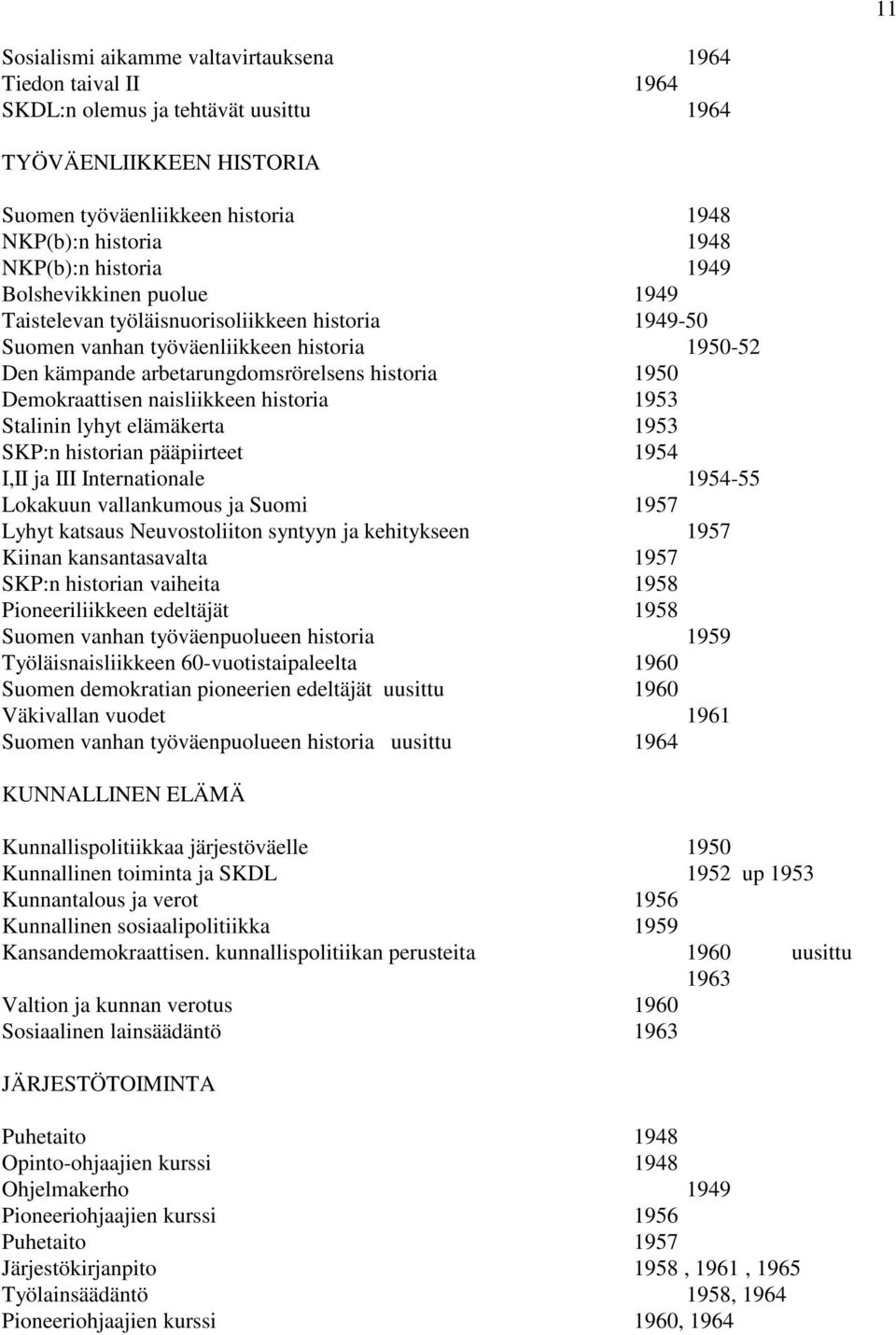 Demokraattisen naisliikkeen historia 1953 Stalinin lyhyt elämäkerta 1953 SKP:n historian pääpiirteet 1954 I,II ja III Internationale 1954-55 Lokakuun vallankumous ja Suomi 1957 Lyhyt katsaus