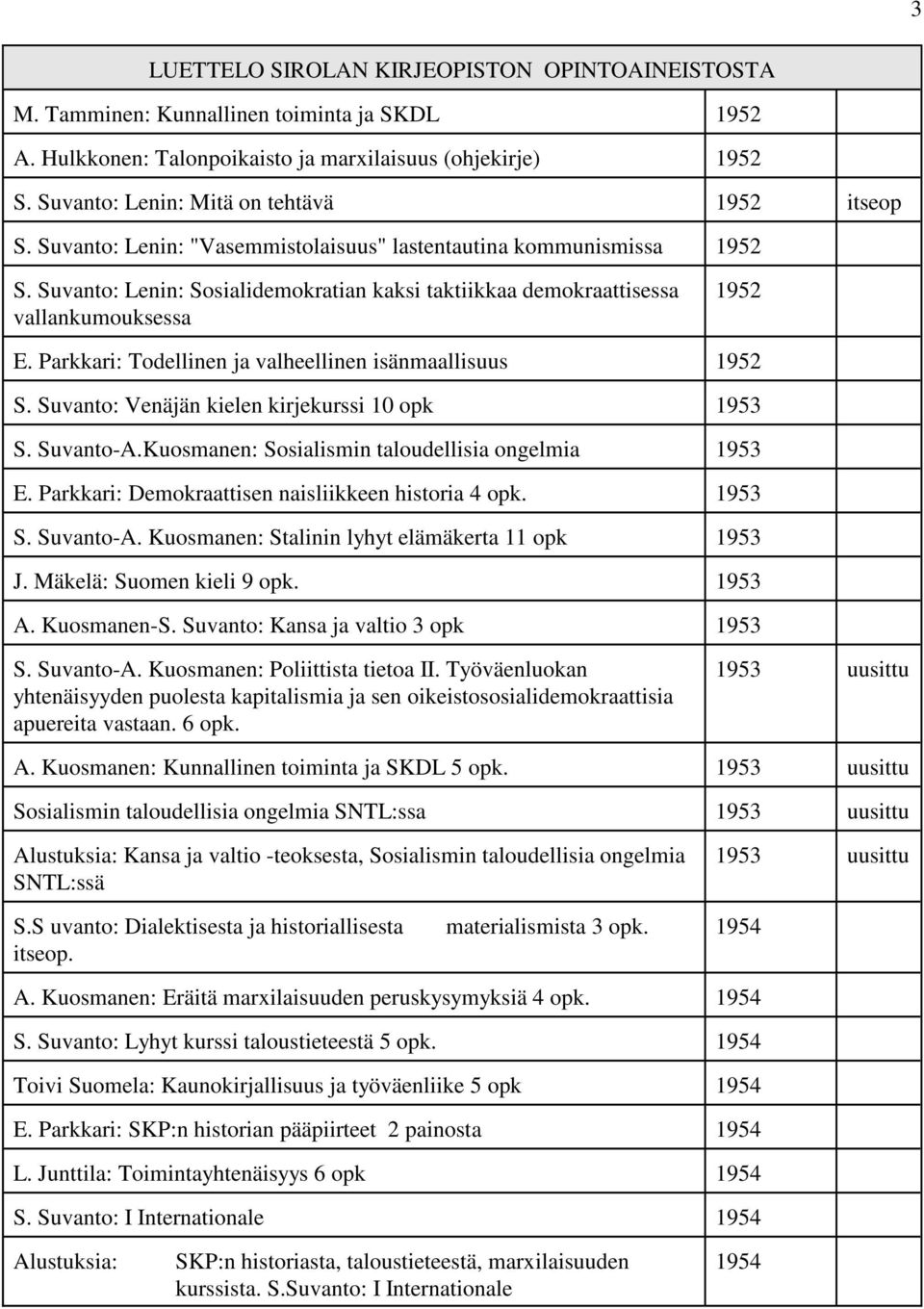 Parkkari: Todellinen ja valheellinen isänmaallisuus 1952 S. Suvanto: Venäjän kielen kirjekurssi 10 opk 1953 S. Suvanto-A.Kuosmanen: Sosialismin taloudellisia ongelmia 1953 E.