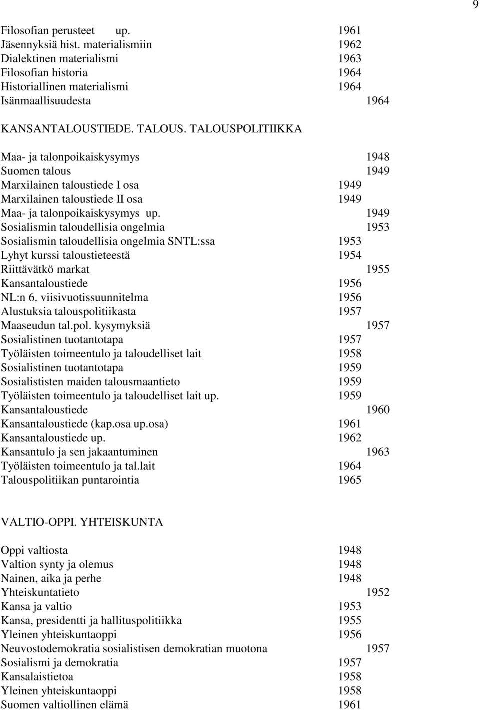 1949 Sosialismin taloudellisia ongelmia 1953 Sosialismin taloudellisia ongelmia SNTL:ssa 1953 Lyhyt kurssi taloustieteestä 1954 Riittävätkö markat 1955 Kansantaloustiede 1956 NL:n 6.