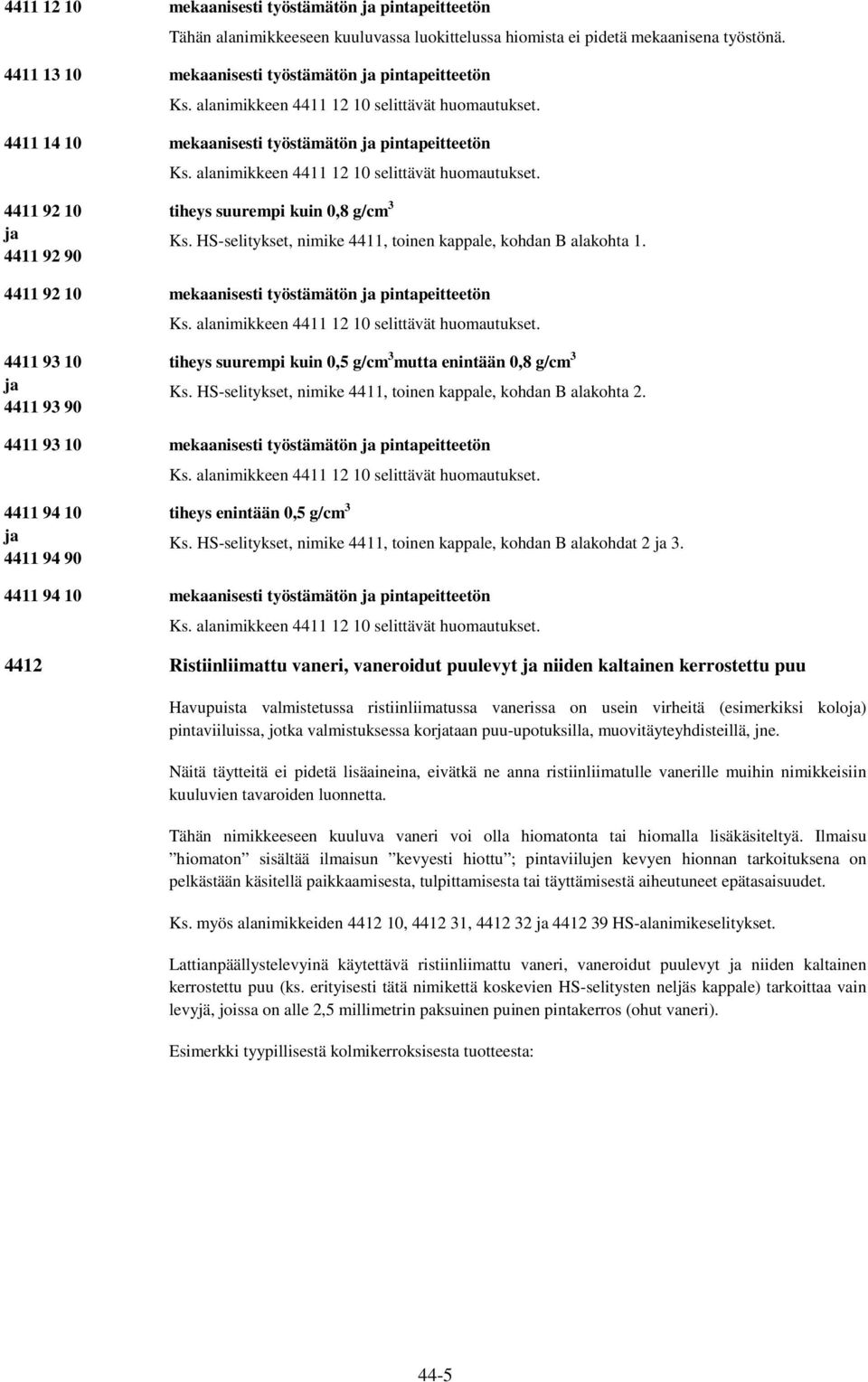 alanimikkeen 4411 12 10 selittävät huomautukset. 4411 92 10 ja 4411 92 90 tiheys suurempi kuin 0,8 g/cm 3 Ks. HS-selitykset, nimike 4411, toinen kappale, kohdan B alakohta 1.