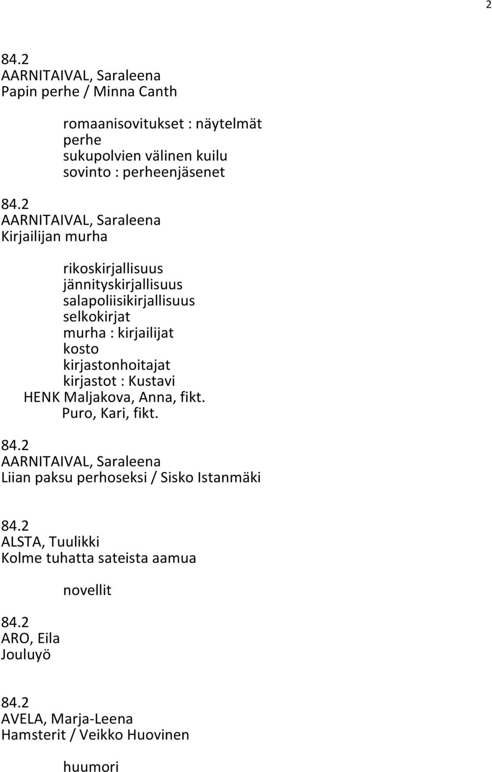 kosto kirjastonhoitajat kirjastot : Kustavi HENK Maljakova, Anna, fikt. Puro, Kari, fikt.