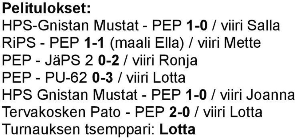 PU-62 0-3 / viiri Lotta HPS Gnistan Mustat - PEP 1-0 / viiri Joanna