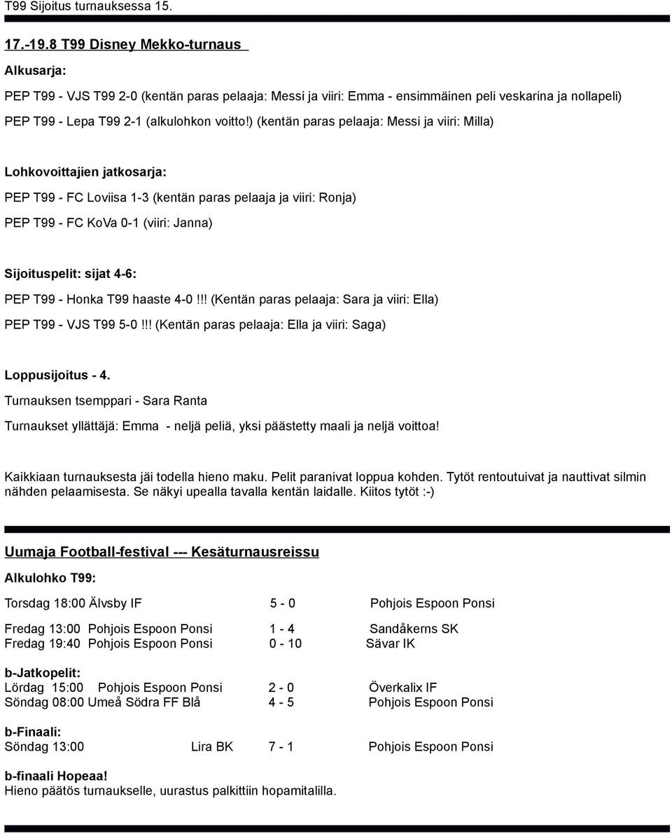 ) (kentän paras pelaaja: Messi ja viiri: Milla) Lohkovoittajien jatkosarja: PEP T99 - FC Loviisa 1-3 (kentän paras pelaaja ja viiri: Ronja) PEP T99 - FC KoVa 0-1 (viiri: Janna) Sijoituspelit: sijat